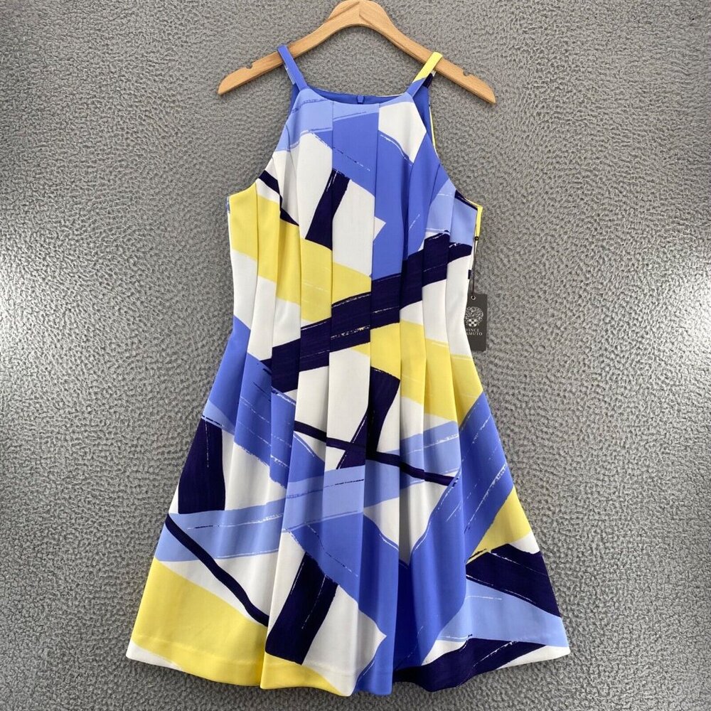 Vince Camuto Dress with Pockets Sz 10 Blue Multi Abstract Panel Fit & Flare